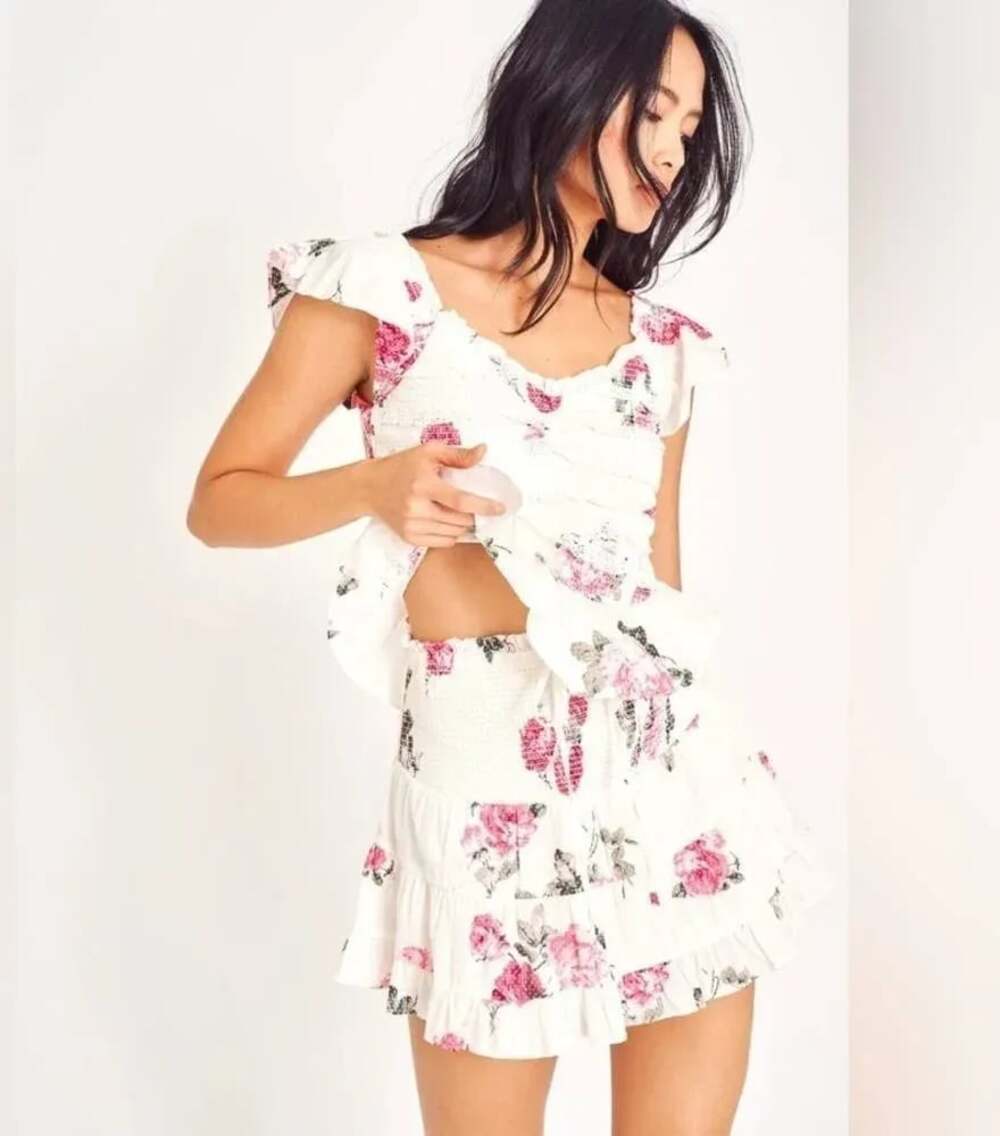 LoveShackFancy Aldana Skirt Paradise Pink Floral Smocked Tiered Ruffle Skirt